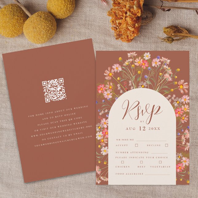 Cartons Réponse Terracotta Boho Rustique Fleur sauvage Floral Mari (Terracotta and beige boho fall rustic wildflower wedding qr code rsvp card Watercolor florals)