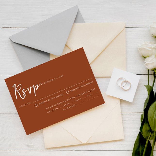 Cartons Réponse Terracotta Burnt Orange Script Repas Choix Mariage (Créateur téléchargé)
