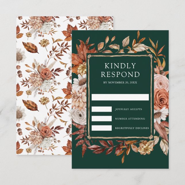 Cartons Réponse Terracotta Floral Emerald Green Wedding (Devant / Derrière)