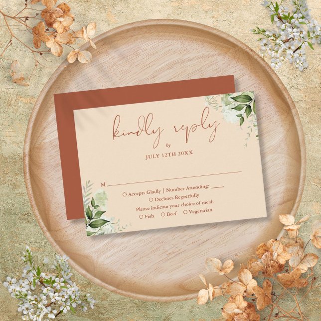 Cartons Réponse Terracotta Greenery Élégant Script Mariage (Terracotta Greenery Elegant Script Wedding RSVP Card)