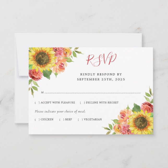 Cartons Réponse Tournesol Aquarelle Coral Floral Repas Mariage (Devant)