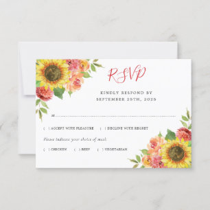 Cartons Réponse Tournesol Aquarelle Coral Floral Repas Mariage
