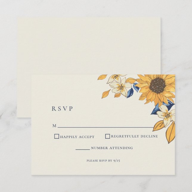 Cartons Réponse Tournesol rustique bleu Mariage jaune (Devant / Derrière)