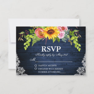 Cartons Réponse Tournesol Rustique Floral Bleu Mariage dentelle en