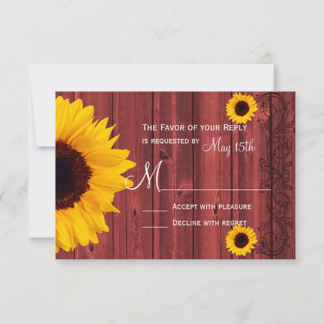 Cartons Réponse Tournesol rustique Rouge Grange de bois Mariage RS (Devant)