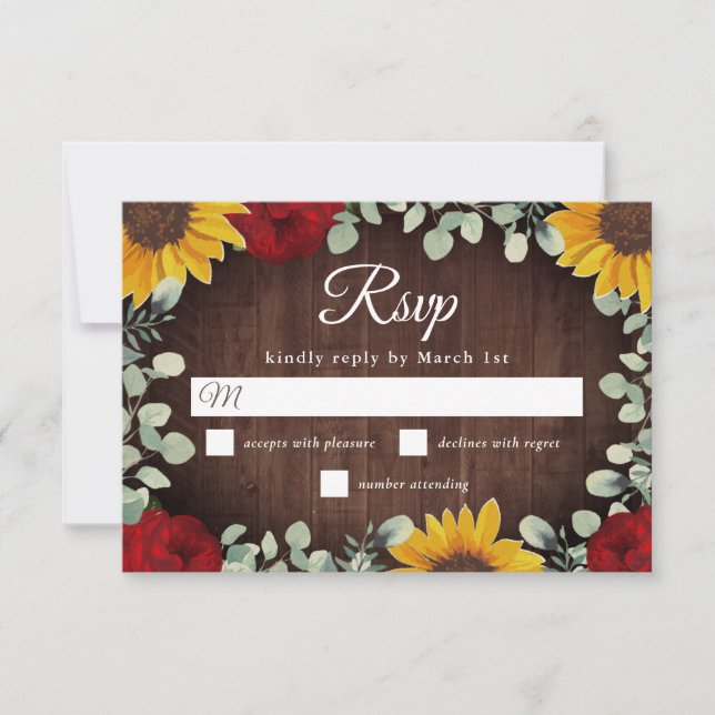 Cartons Réponse Tournesols Rustiques Eucalyptus Red Roses Mariage (Devant)