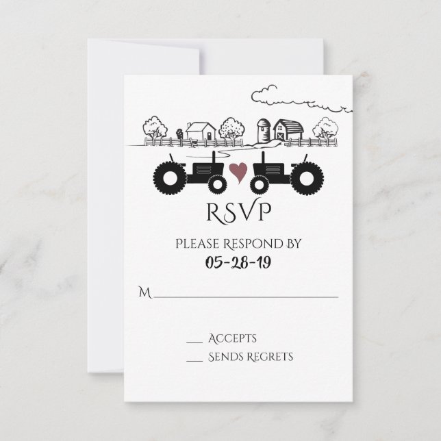 Cartons Réponse Tracteurs Silhouette et ferme Noir - Mariage blanc (Devant)