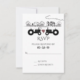 Cartons Réponse Tracteurs Silhouette et ferme Noir - Mariage blanc