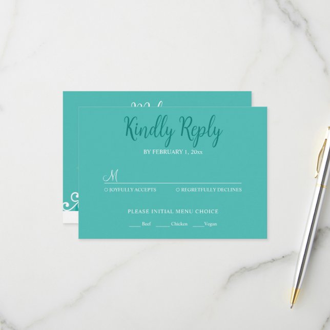 Cartons Réponse Turquoise Blanc Élégant Mariage Mariée et Salle (Devant/Arrière en situation)