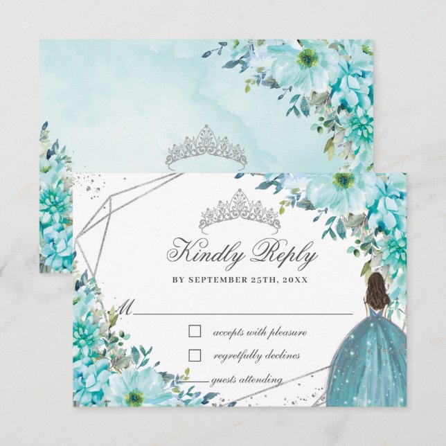 Cartons Réponse Turquoise Blue Floral Quinceañera Silver Princess (Devant / Derrière)