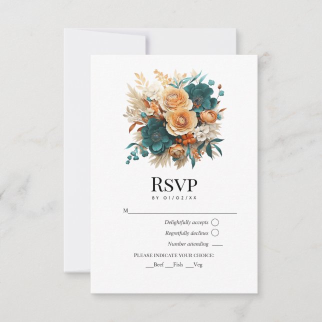 Cartons Réponse Turquoise, Burning Orange & Champagne Mariage Flor (Devant)