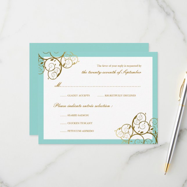 Cartons Réponse Turquoise & Classy Golden Spirals Mariage élégant (Devant/Arrière en situation)