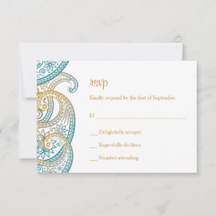 Cartons Réponse Turquoise et Gold Indian Paisley Mariage