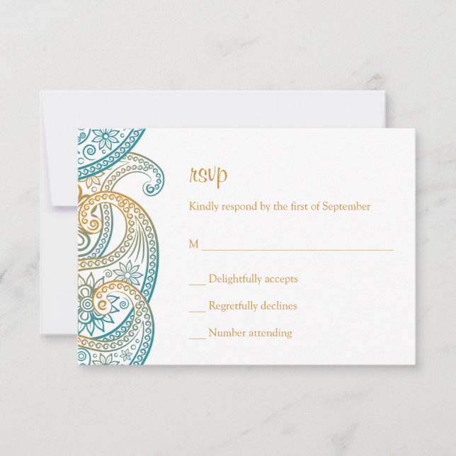 Cartons Réponse Turquoise et Gold Indian Paisley Mariage (Devant)