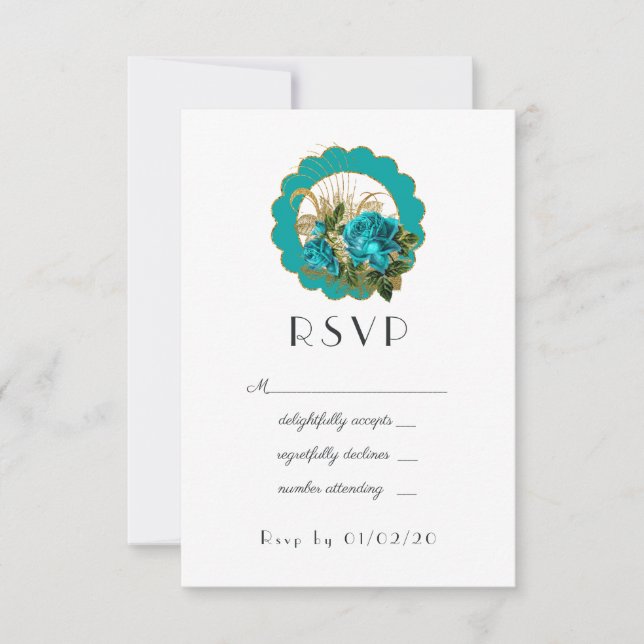 Cartons Réponse Turquoise et Gold Paris Art déco Rose Mariage (Devant)