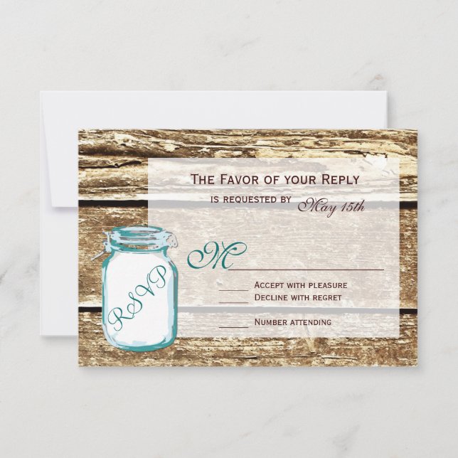 Cartons Réponse Turquoise Mason Jar Rustique Grange Bois Mariage R (Devant)