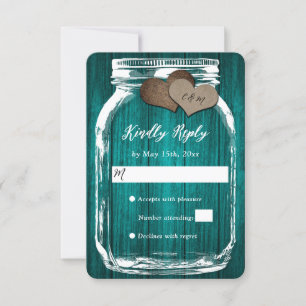 Cartons Réponse Turquoise Rustique Bois Mason Jar Deux Coeurs Mari
