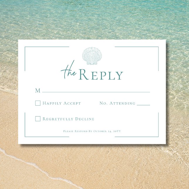 Cartons Réponse Typographie minimale Aqua & White Shell Mariage (Minimal Typography Aqua & White Shell Wedding RSVP Card)
