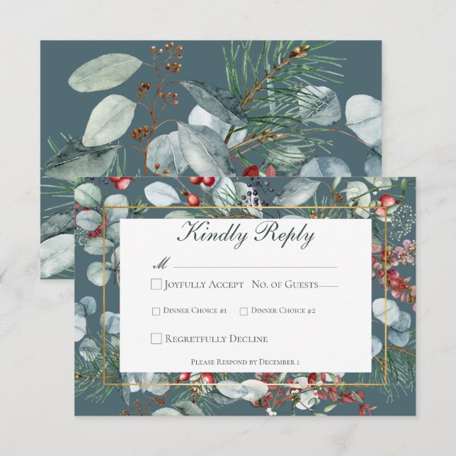 Cartons Réponse Végétation de Noël d'hiver Mariage Turquoise (Devant / Derrière)