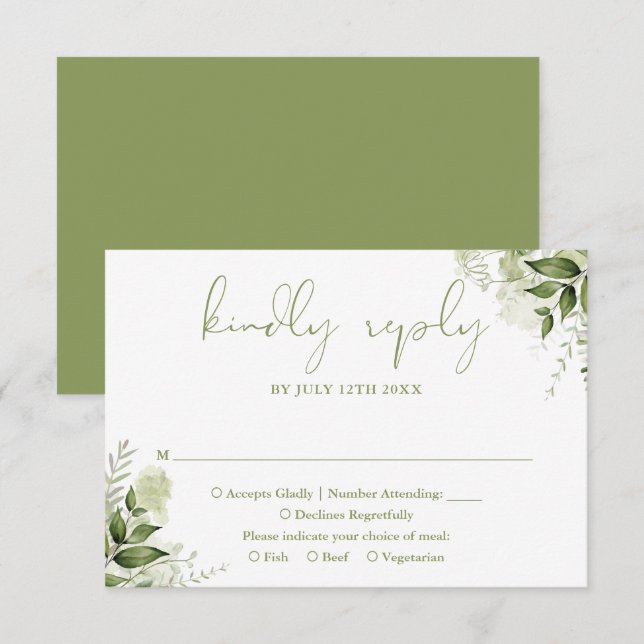 Cartons Réponse Verdure Floral Elégant Moss Green Mariage (Devant / Derrière)