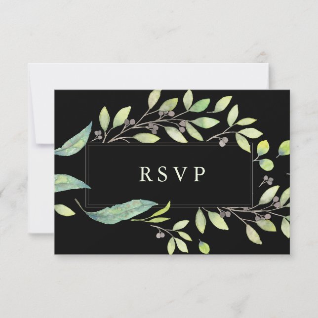 Cartons Réponse Vert feuilles | Mariage de cadre en aquarelle noir (Devant)