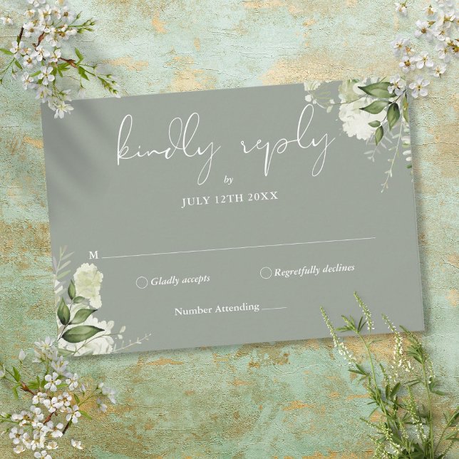 Cartons Réponse Vert Floral Élégant Sage Vert Mariage (Greenery Floral Elegant Sage Green Wedding RSVP Card)
