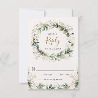 Cartons Réponse Vert or Elégant Aquarelle Boho Mariage feuille