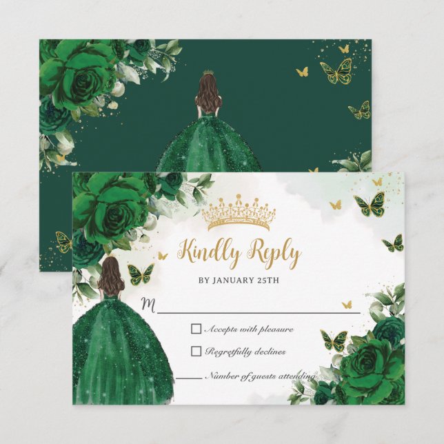 Cartons Réponse Vibrant Emerald Green Floral Princess Quinceañera (Devant / Derrière)