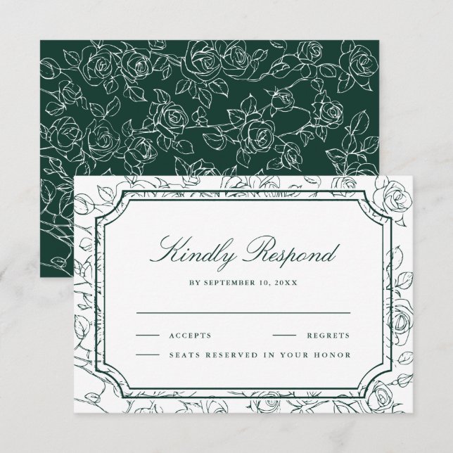 Cartons Réponse Victorian Emerald Green Floral Line Art Wedding (Devant / Derrière)