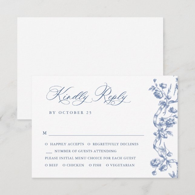 Cartons Réponse Victorien Ornate Grace Floral Dusty Mariage bleu (Devant / Derrière)