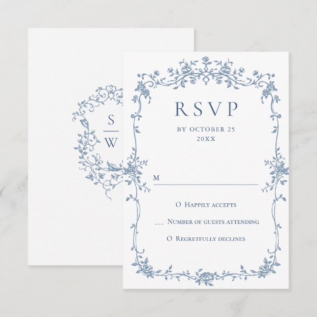 Cartons Réponse Victorien Ornate Grace Floral Dusty Mariage bleu (Devant / Derrière)