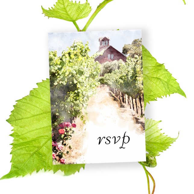 Cartons Réponse Vignoble et Mariage d'aquarelle de la grange rouge (Pair with the matching Vineyard Wedding Invitations to create a coordinated winery stationery set.)