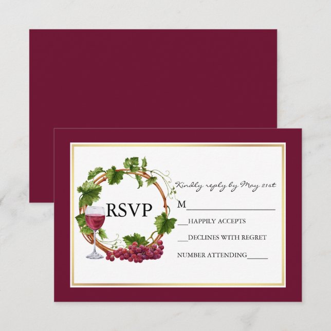 Cartons Réponse Vins de raisin d'aquarelle Wreath Burgundy Mariage (Devant / Derrière)