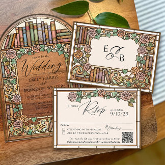 Cartons Réponse Vintage Library Books Stained Glass Wedding QR