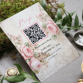 Cartons Réponse vintage shabby chic rose qr code mariage