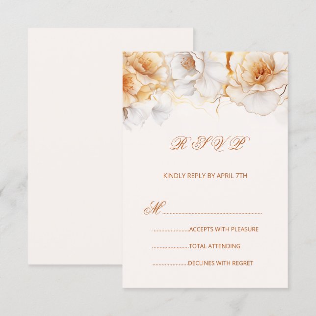 Cartons Réponse Watercolor Gold White Roses (Devant / Derrière)