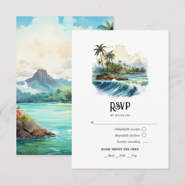 Cartons Réponse Watercolor Hawaii Destination Wedding (Devant / Derrière)