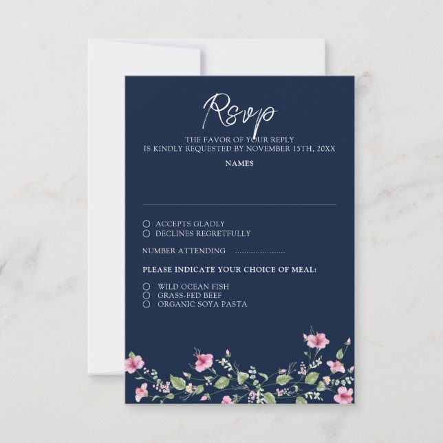 Cartons Réponse Wedding shower en fleur d'Hibiscus rose bleu marin (Devant)