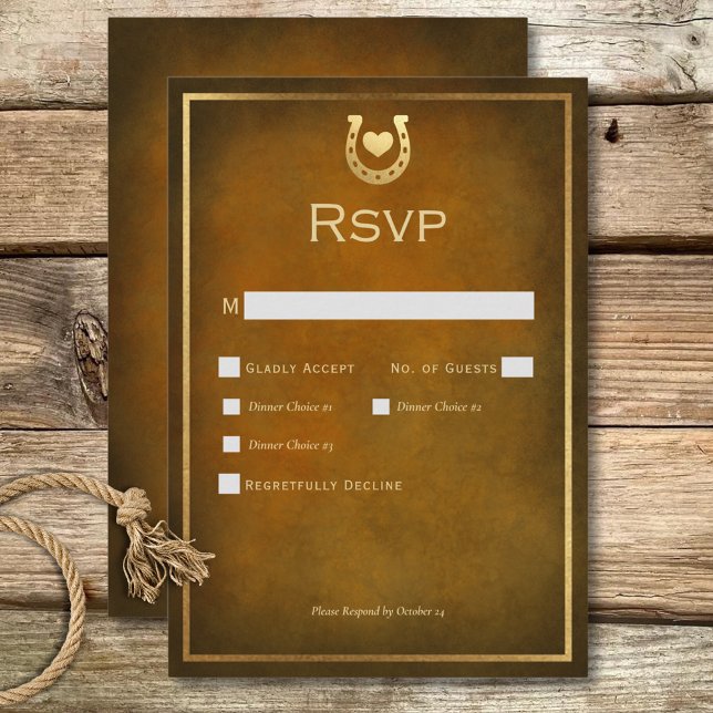 Cartons Réponse Western Rustic Horseshoe Dîner Brown & Gold (Western Rustic Horseshoe Brown & Gold Dinner RSVP Card)