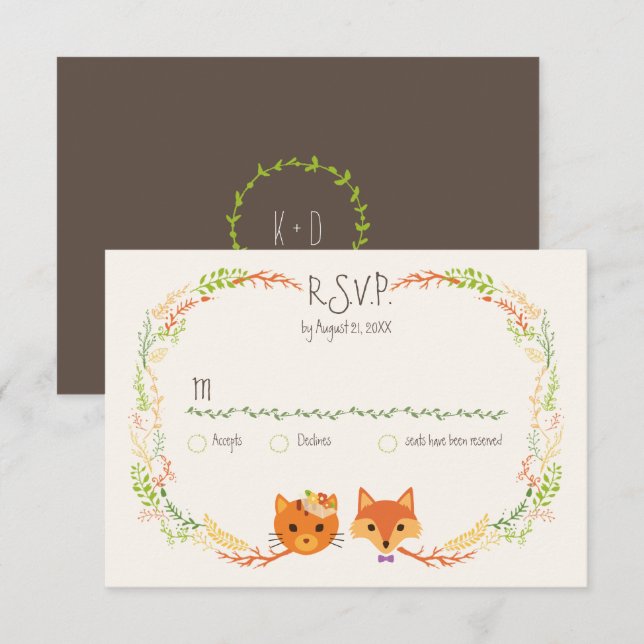 Cartons Réponse Whimsical Woodland Chat & Renard Mariage Couple RS (Devant / Derrière)