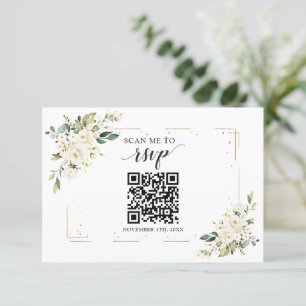 Cartons Réponse White Floral Gold QR Code Ajouter votre Mariage d'
