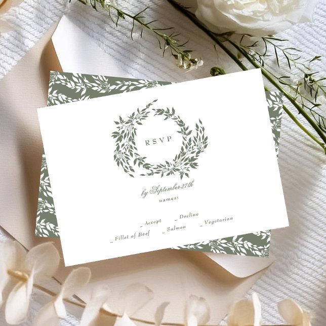 Cartons Réponse Wreath classique Blanc & Sage Vert Mariage élégant (Créateur téléchargé)