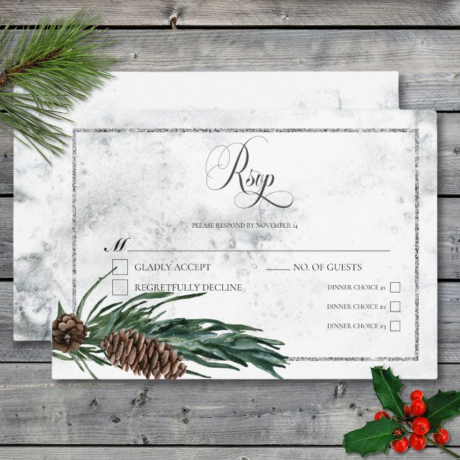 Cartons Réponse Wreath d'hiver et dîner Mariage du cardinal rouge (Winter Wreath & Red Cardinal Wedding Dinner RSVP Card)