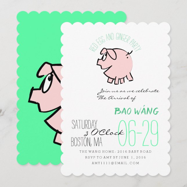 Cartoon 3 Schweinegrippe Eier und Ingwer Party Bab Einladung (Vorne/Hinten)