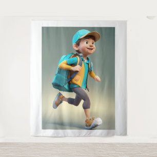 Cartoon-3D-Junge-beim-Lernen-rundes-Aufkleber-Icon Wandteppich