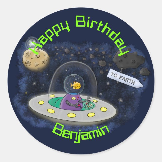 Cartoon-Abbildung des UFO-Weltraumschiffs Runder Aufkleber (Vorderseite)