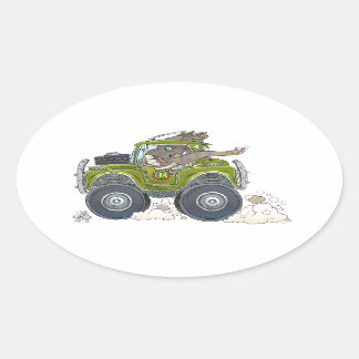 Cartoon-Abbildung eines Elefanten, der einen Jeep  Ovaler Aufkleber