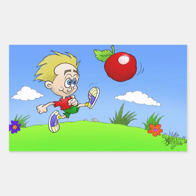 Cartoon-Abbildung eines Jungen, der eine Tomate sc Rechteckiger Aufkleber (Vorderseite)