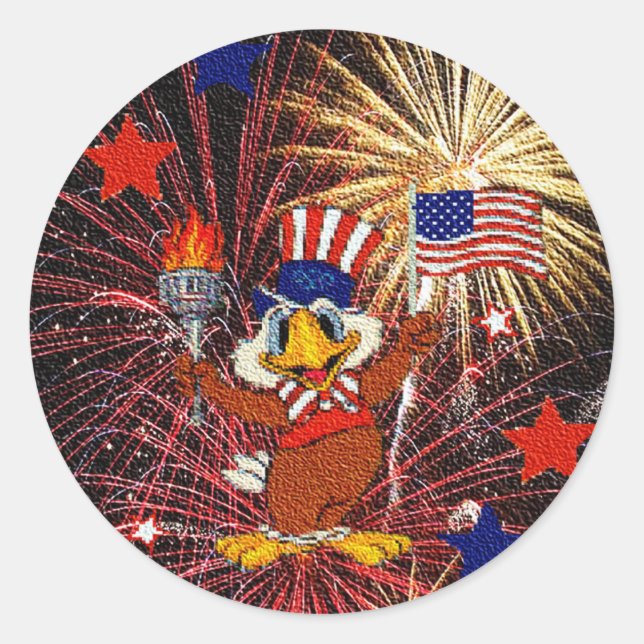 Cartoon Adler mit Flag und Feuerwerk (texturiert) Runder Aufkleber (Vorderseite)