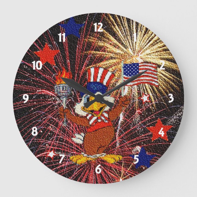 Cartoon-Adler und Feuerwerk-Uhr Große Wanduhr (Vorderseite)